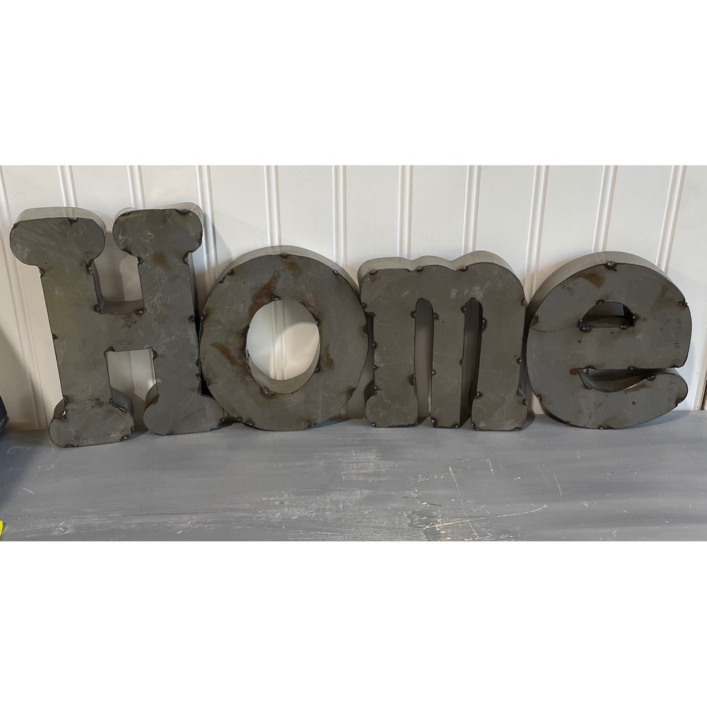 Industrial Metal HOME Wall Letters Distressed Rustic Silver 4 Piece Farmhouse